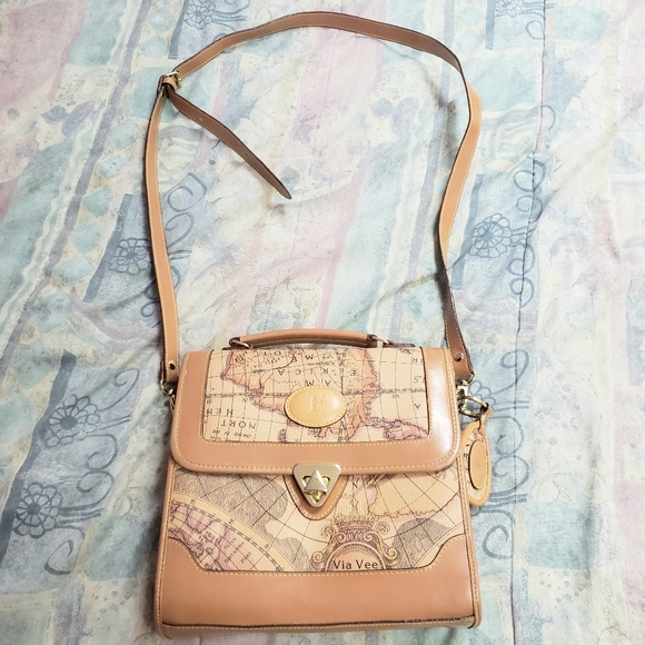 E Collection Handbags - Tan Map Shoulder Bag